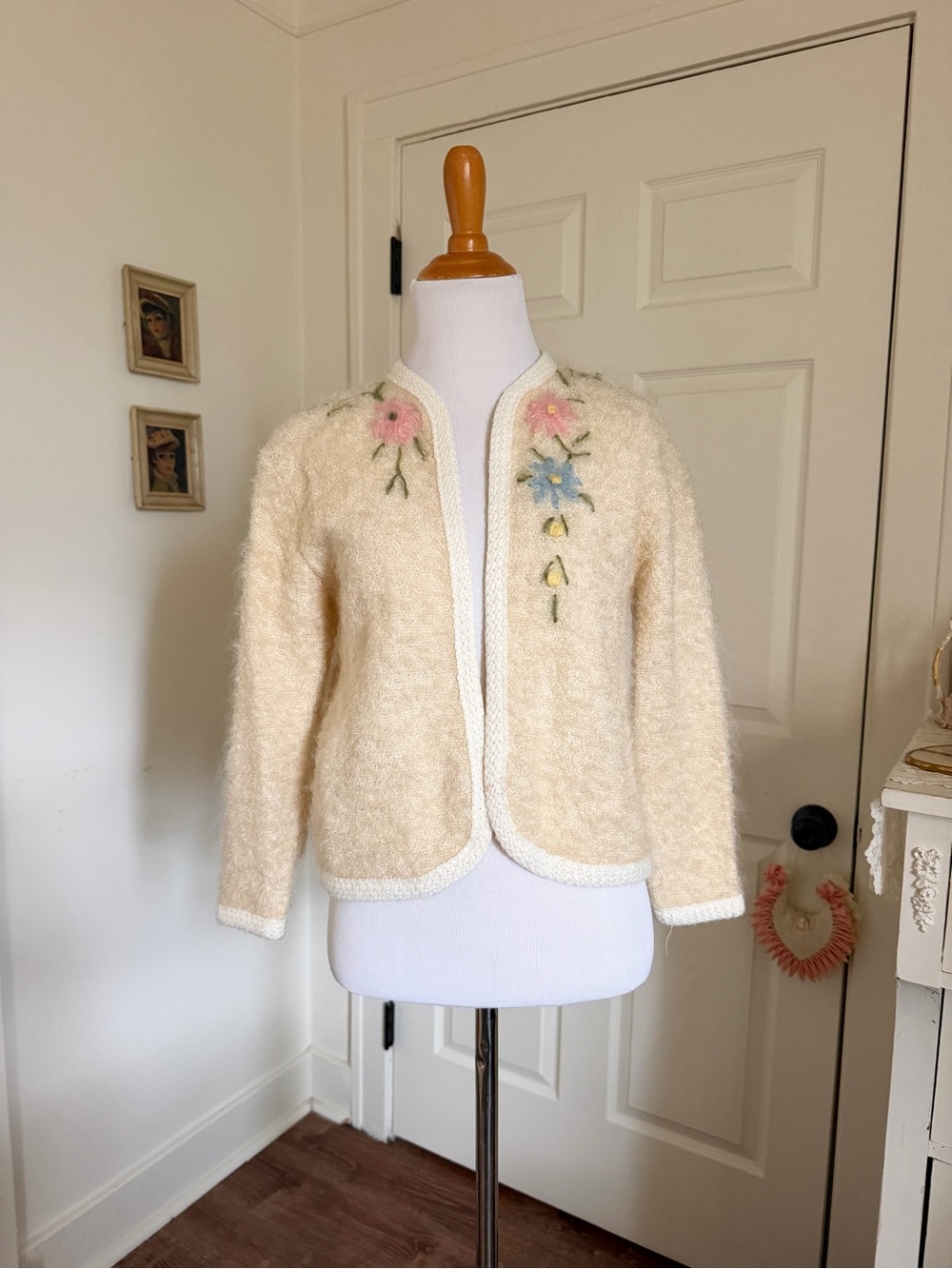 Vintage 1950s Mohair Pastel Floral Embroidered Cardigan Sweater